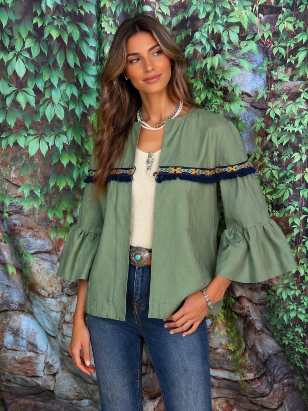ZARA Aztec Green Boho Coastal Cowgirl Fringe Zip Front Jacket, L